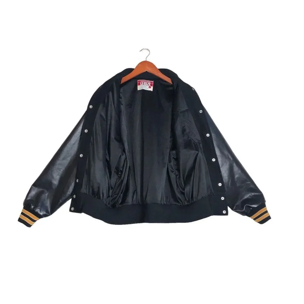 Vintage 90's Y2K Black Wool & Faux Leather Varsity Letterman Bomber Jacket